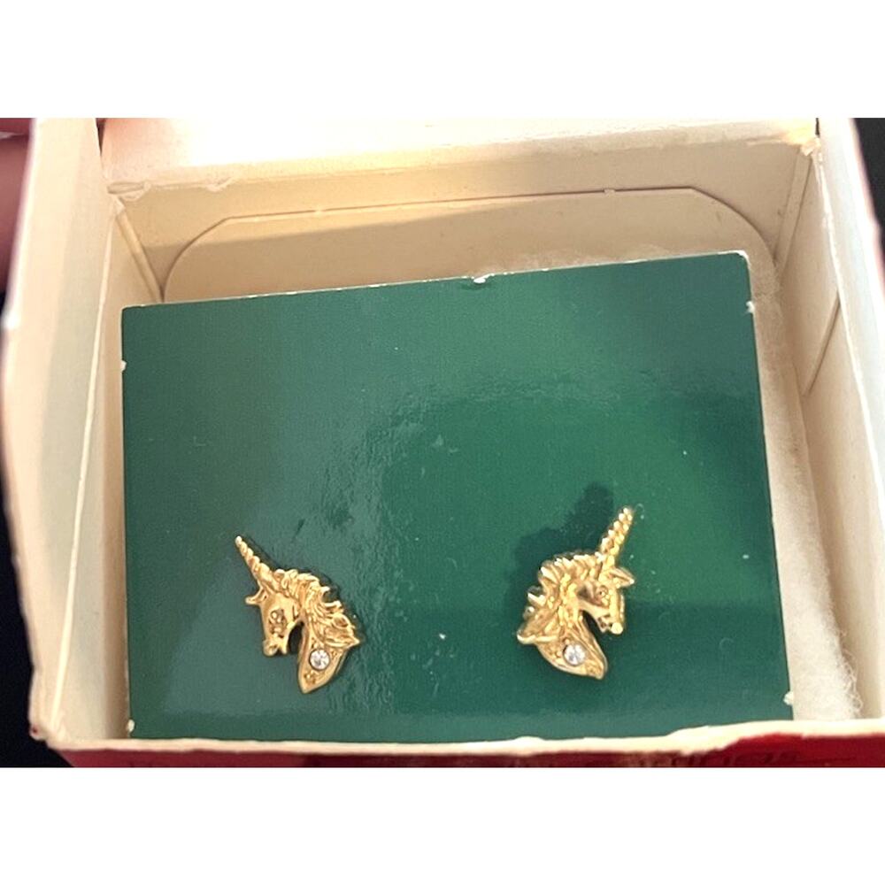 VTG 80s New Avon Gold Tone Magical Unicorn Stud Earrings Clear Rhinestone NOS